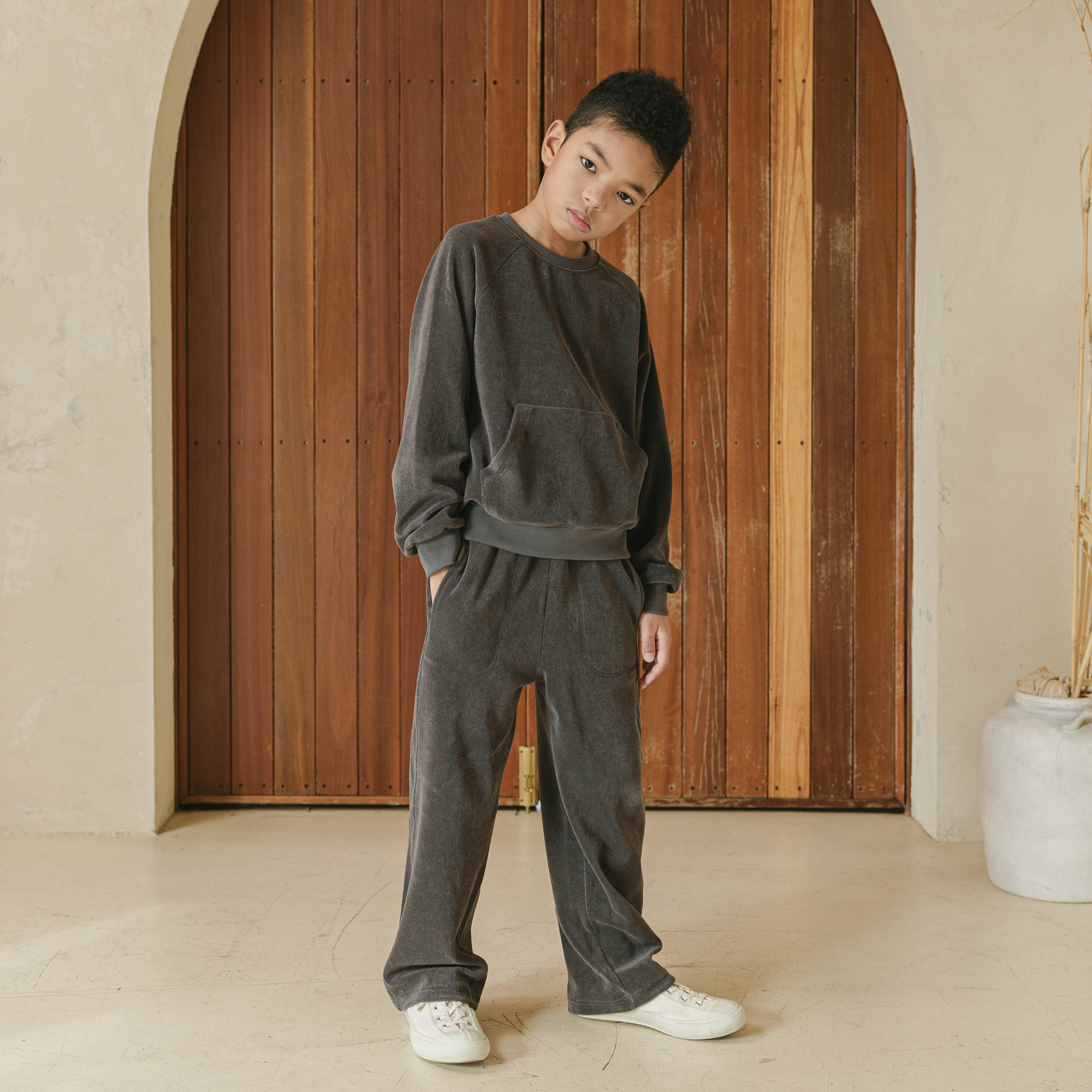 Noonko Spring, Terry Sweatpants, Gray, 100% Cotton Terrycloth, Minimal Design Children’s Clothing, Neutral Colors, Sweat Set, Minimalist