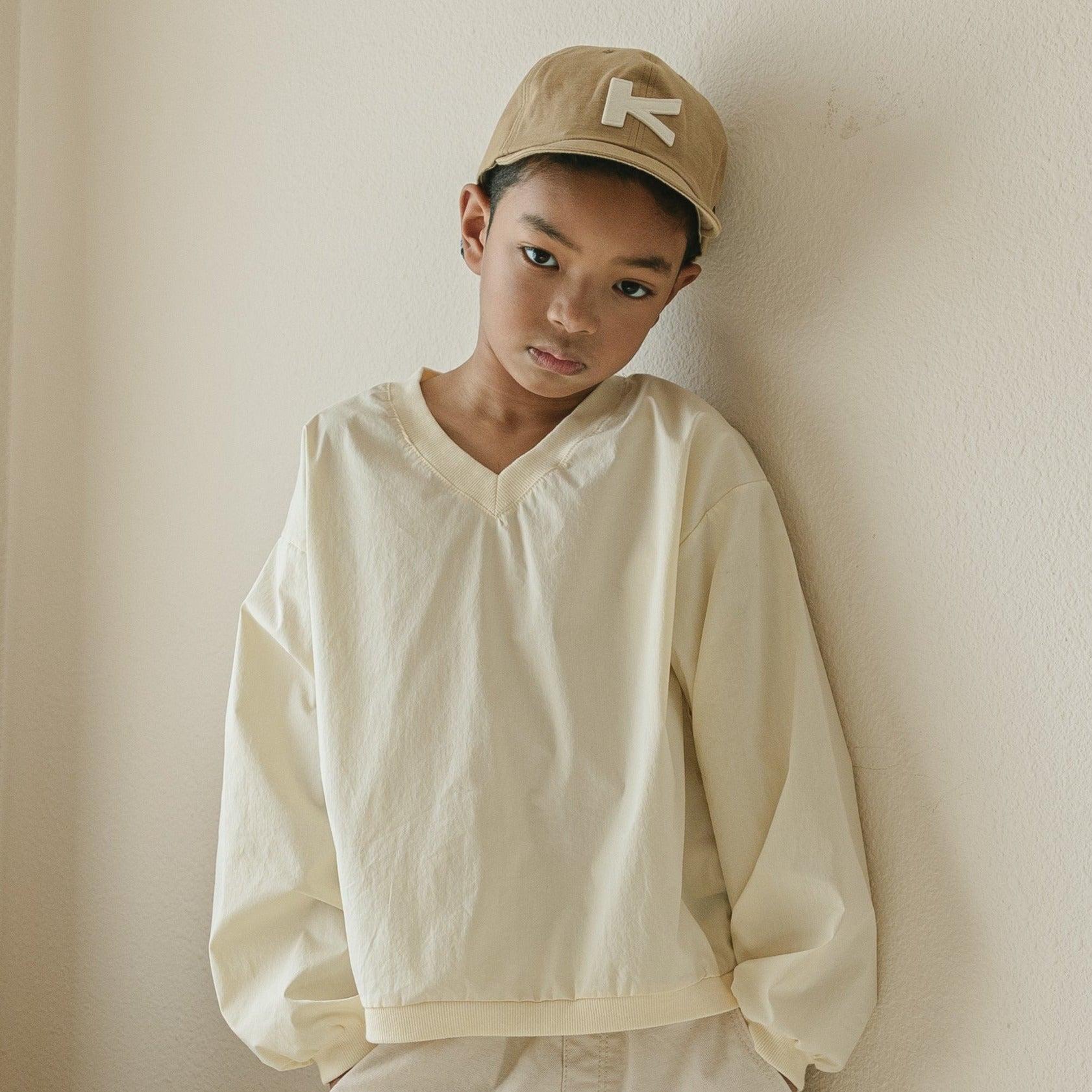Noonko Spring, The V Shirt, Ivory, Cotton, Minimal Design Children’s Clothing, Neutral Colors, Sweatshirt, Bomber, Minimalist
